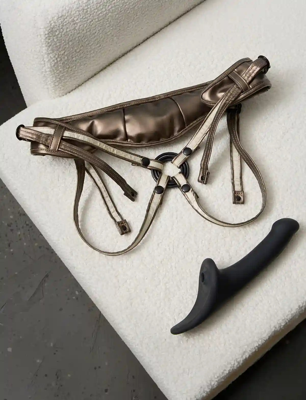 Faux leather harness Strap-on-Me Desirous golden bronze one-size design with adjustable fit for comfortable and elegant wear