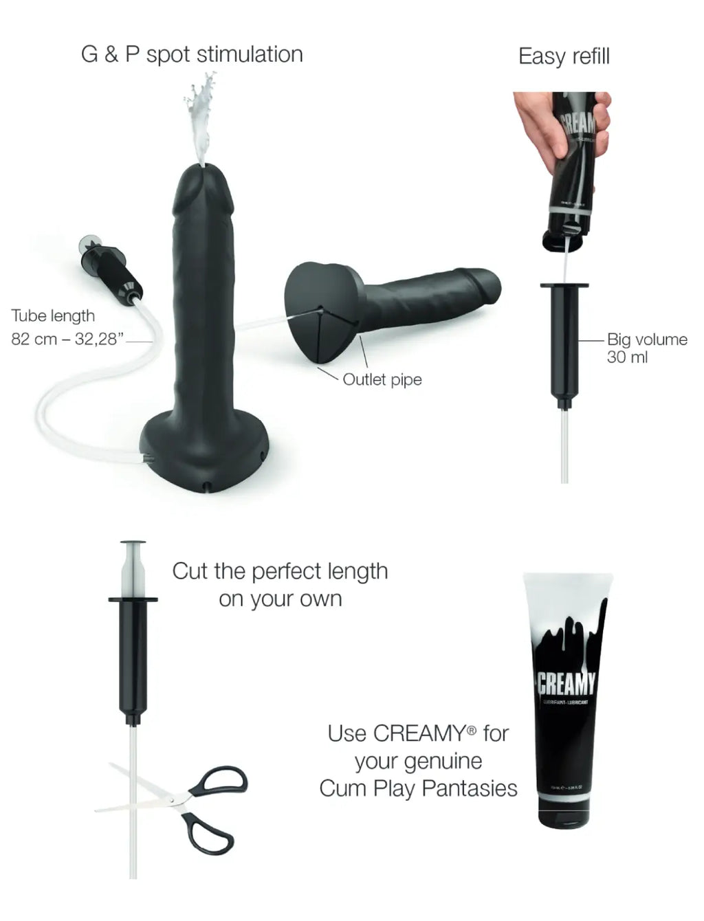 Realistic ejaculating dildo, black design, Strap-On-Me collection