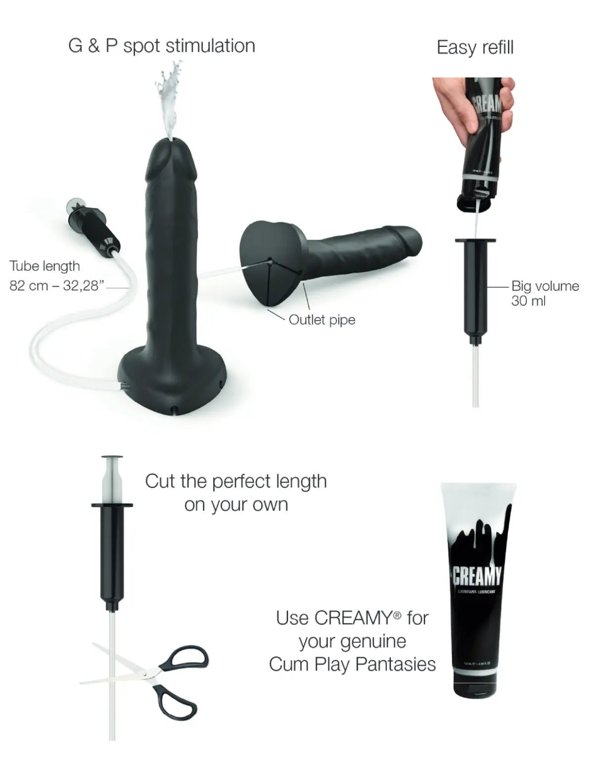 Realistic ejaculating dildo, black design, Strap-On-Me collection