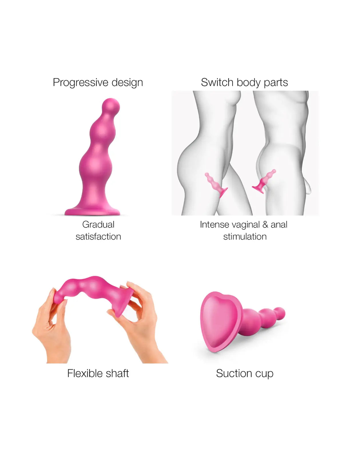 Anal beads plug hybrid dildo, metallic pink design, Strap-On-Me collection