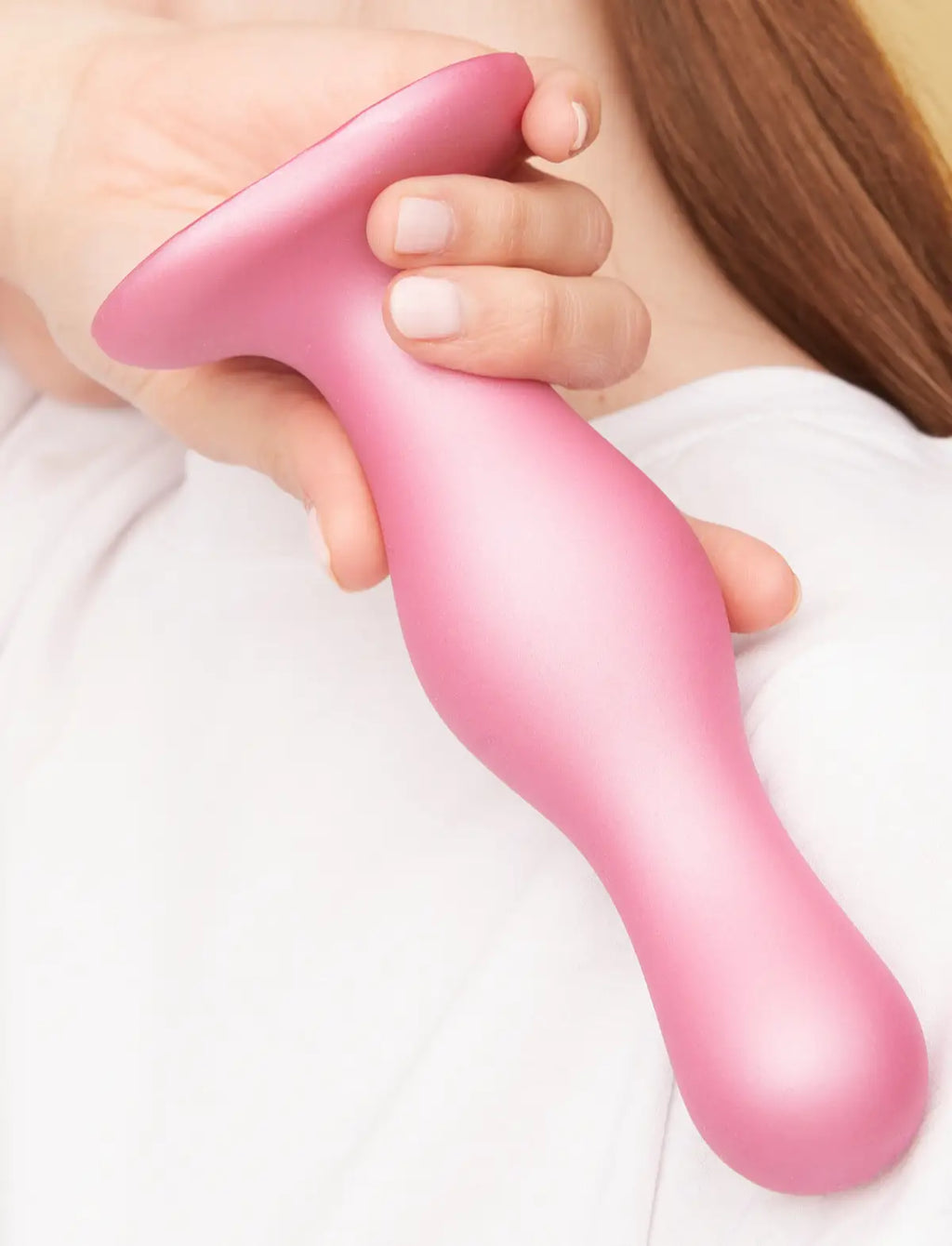 Curved anal plug hybrid dildo, metallic candy pink design, Strap-On-Me collection