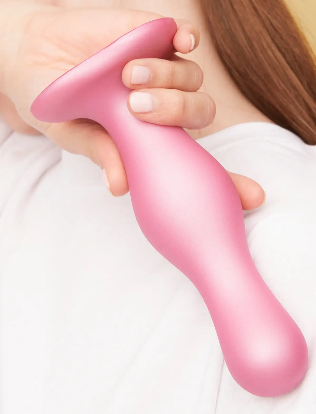 Curved anal plug hybrid dildo, metallic candy pink design, Strap-On-Me collection