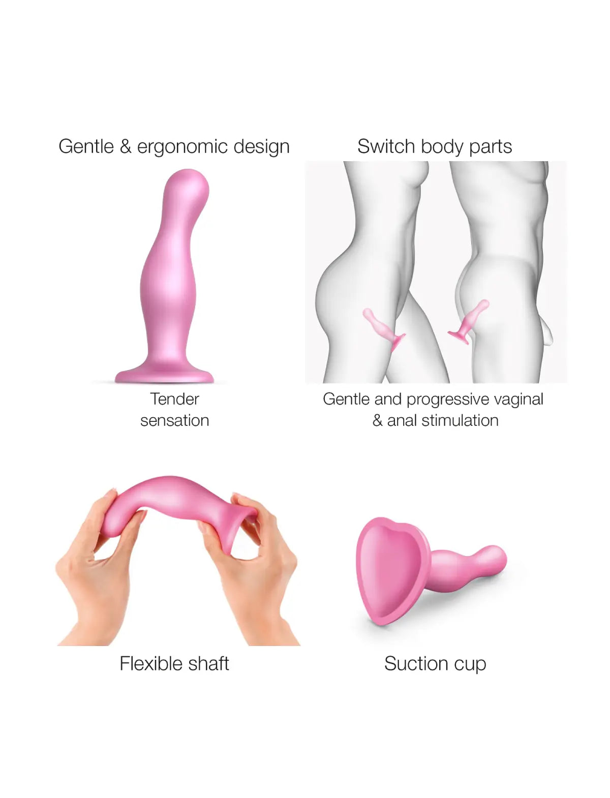 Curved anal plug hybrid dildo, metallic candy pink design, Strap-On-Me collection