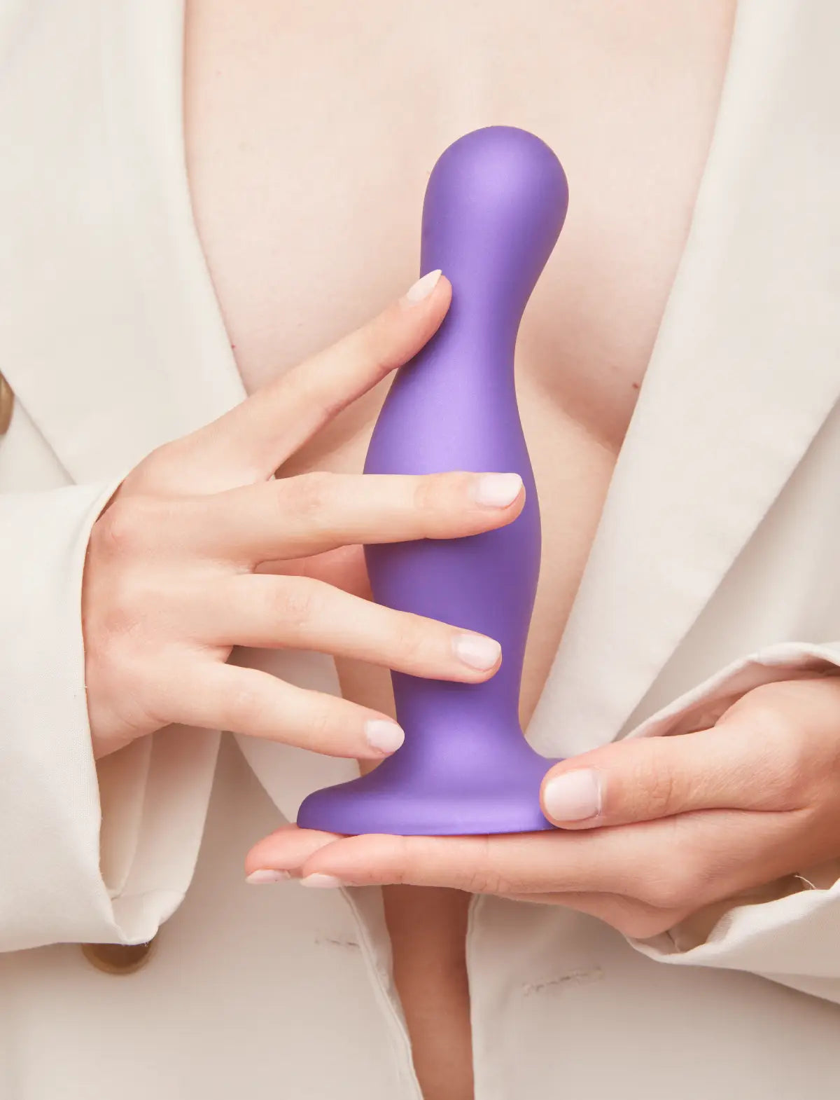 Curved anal plug hybrid dildo, metallic purple design, Strap-On-Me collection
