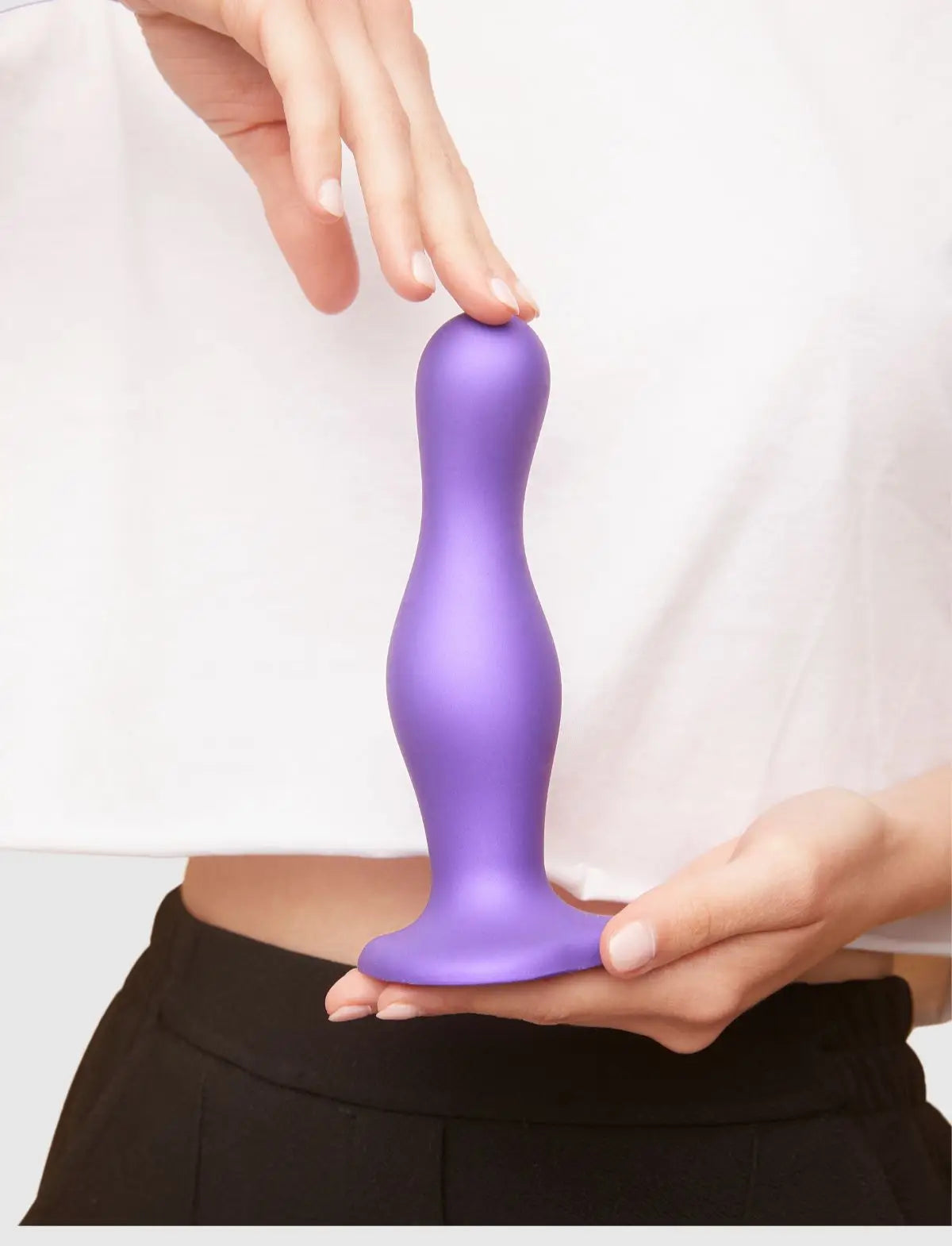 Curved anal plug hybrid dildo, metallic purple design, Strap-On-Me collection
