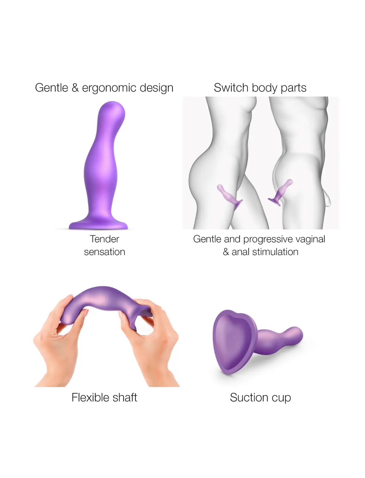 Curved anal plug hybrid dildo, metallic purple design, Strap-On-Me collection