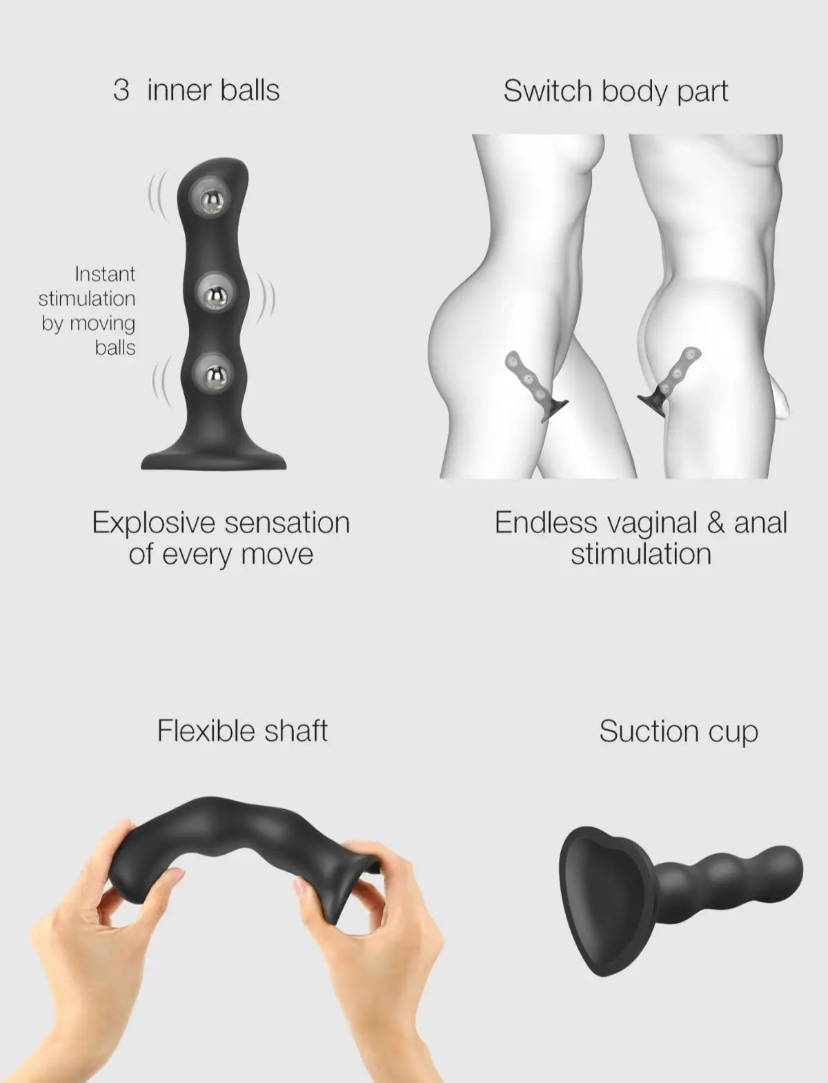 Geisha balls hybrid dildo, black design, Strap-On-Me collection