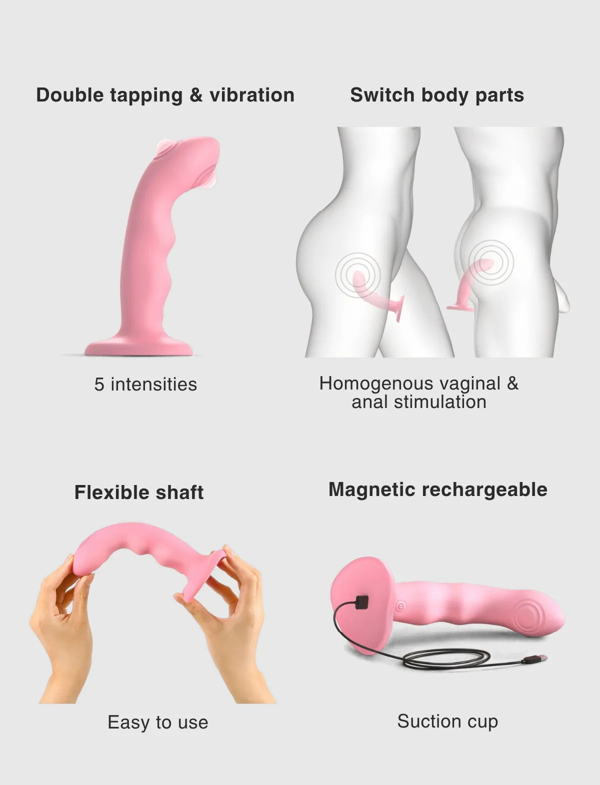 Vibrating tapping dildo wave, pink design, Strap-On-Me collection