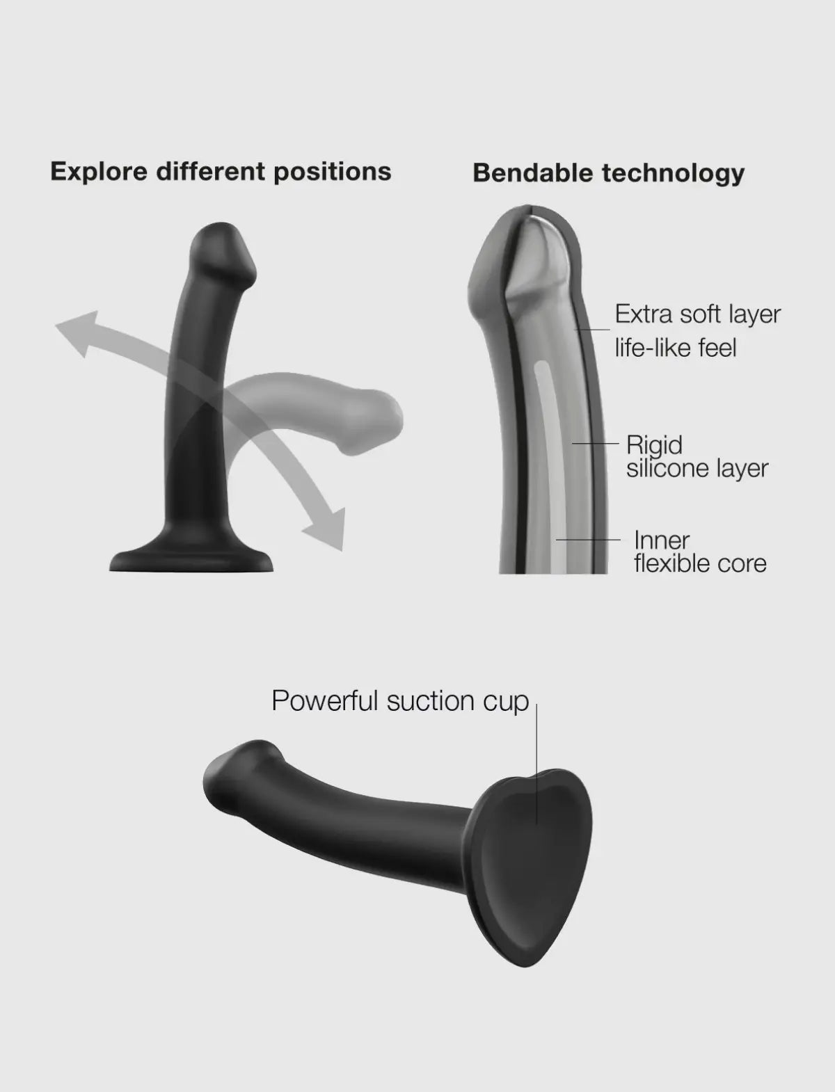 Bendable double-density semi-realistic dildo, black design, Strap-On-Me collection