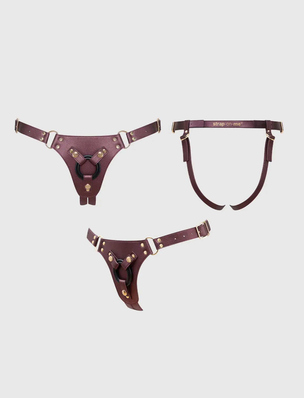 Faux leather harness Strap-on-Me Generous metallic aubergine design with adjustable fit for comfortable and elegant wear
