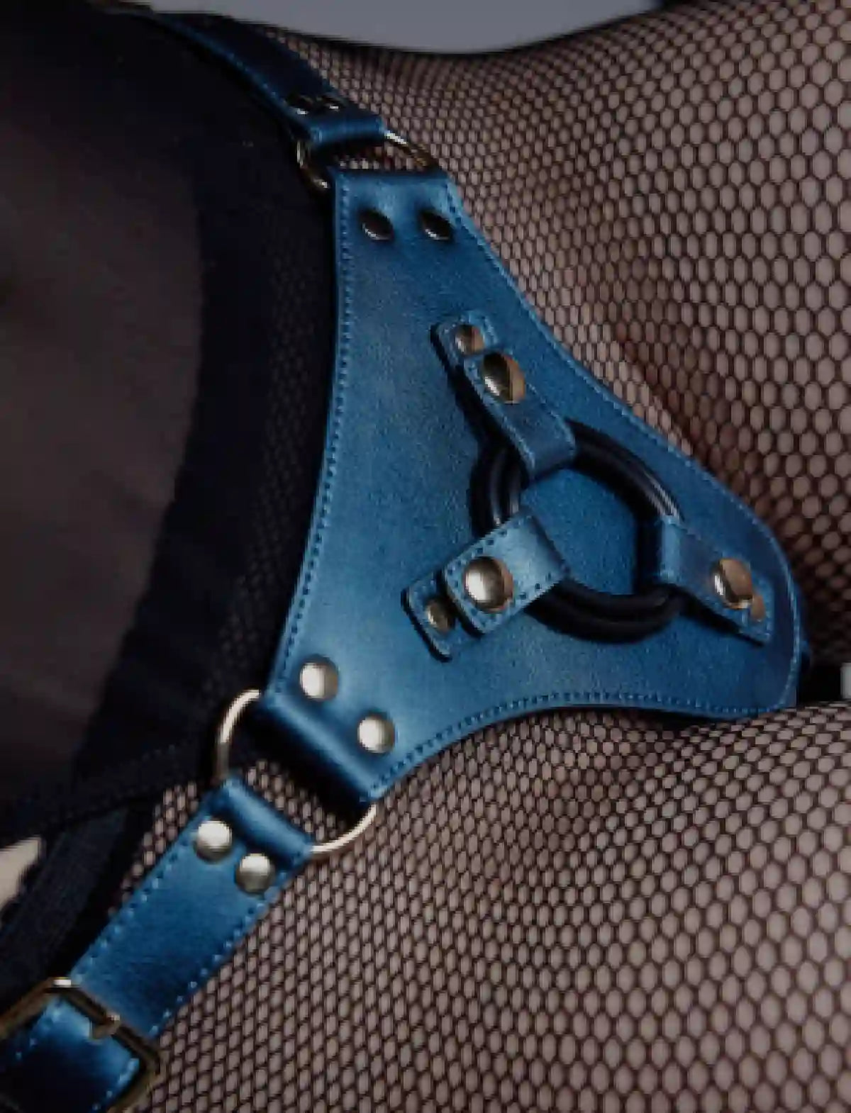 Faux leather harness Strap-on-Me Generous metallic blue design with adjustable fit for comfortable and elegant wear
