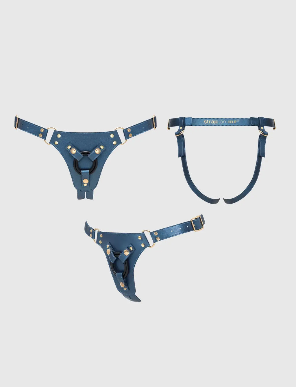 Faux leather harness Strap-on-Me Generous metallic blue design with adjustable fit for comfortable and elegant wear