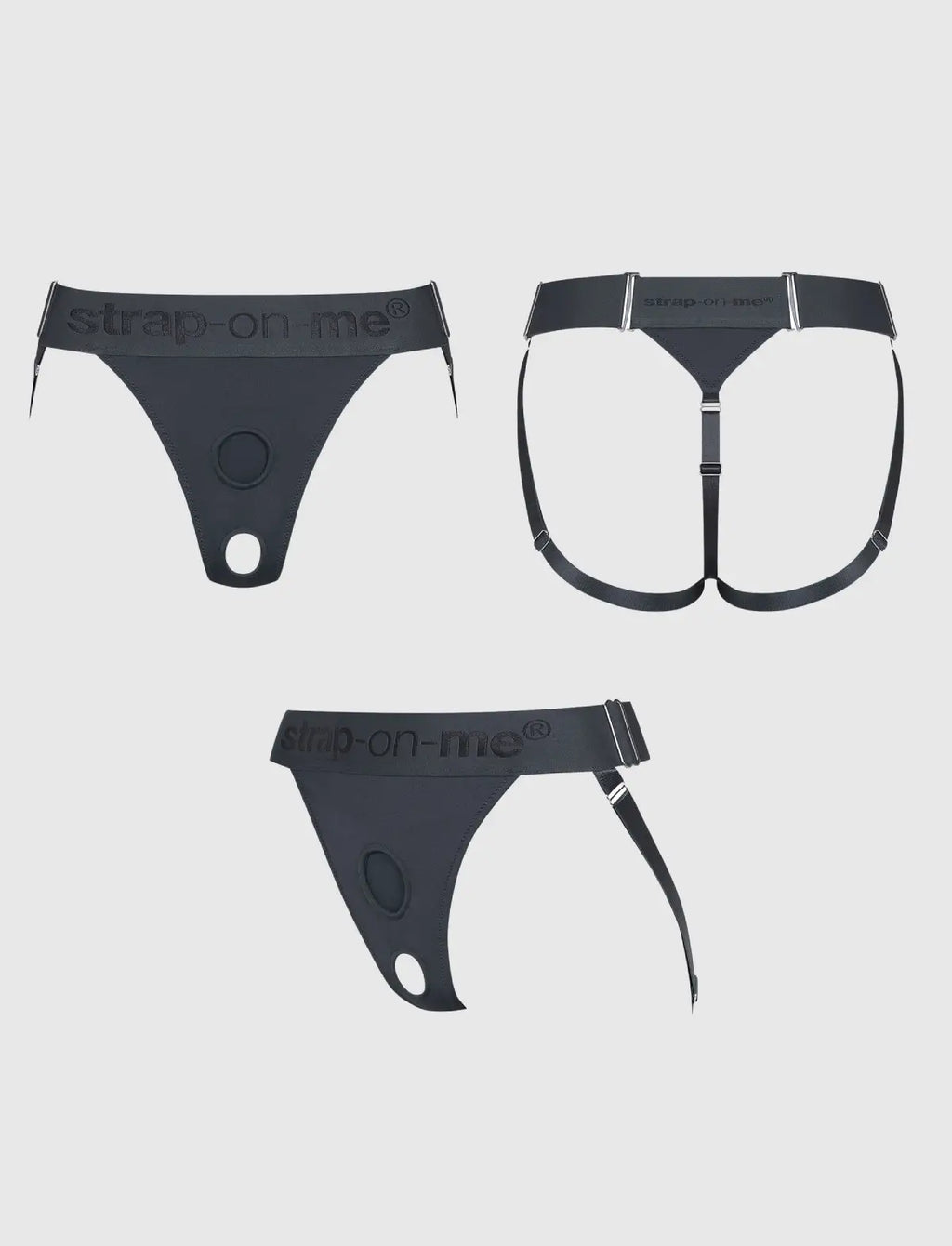 Unique grey lingerie harness Strap-on-Me with adjustable fit and minimalist design for comfortable and elegant wear