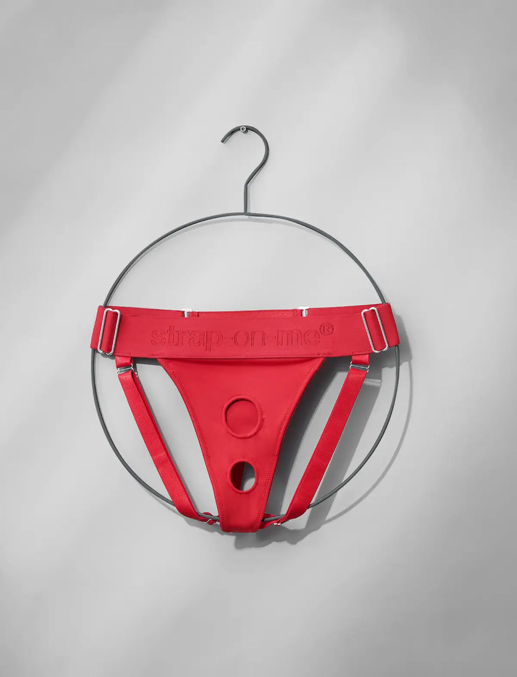 Unique red lingerie harness Strap-on-Me with adjustable fit and minimalist design for comfortable and elegant wear