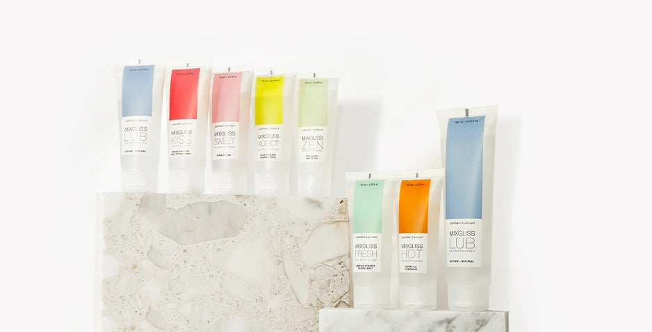 Mixgliss Water Strap-on-Me collection banner featuring water-based intimate gels for natural hydration and comfortable use