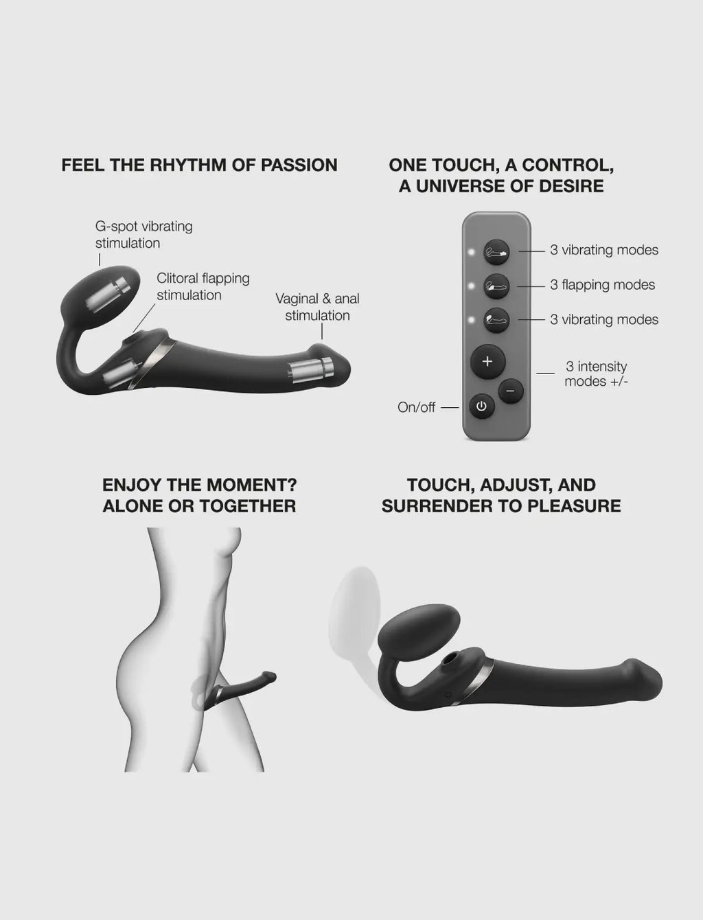 Multi-orgasm vibrating strap-on with remote control, 3 motors, rechargeable remote, black design, Strap-On-Me collection.