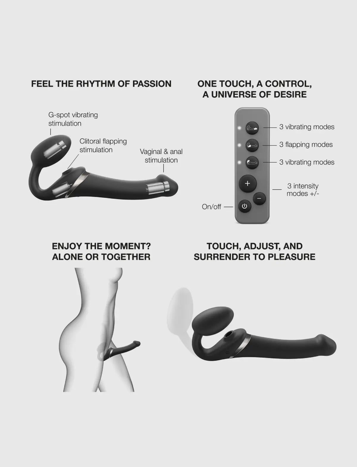 Multi-orgasm vibrating strap-on with remote control, 3 motors, rechargeable remote, black design, Strap-On-Me collection.