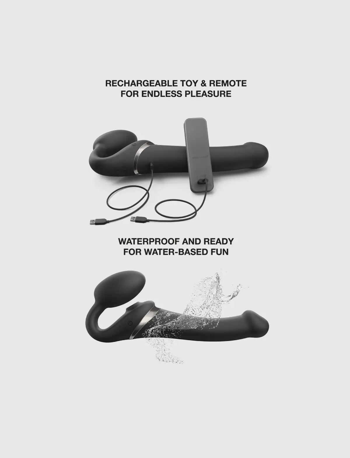 Multi-orgasm vibrating strap-on with remote control, 3 motors, rechargeable remote, black design, Strap-On-Me collection.