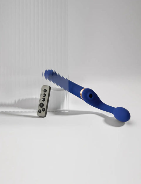 Multi-orgasm vibrating strap-on with remote control, 3 motors, rechargeable remote, blue design, Strap-On-Me collection.