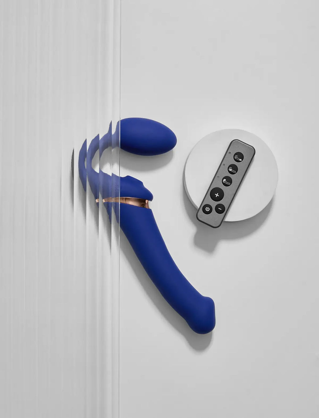 Multi-orgasm vibrating strap-on with remote control, 3 motors, rechargeable remote, blue design, Strap-On-Me collection.