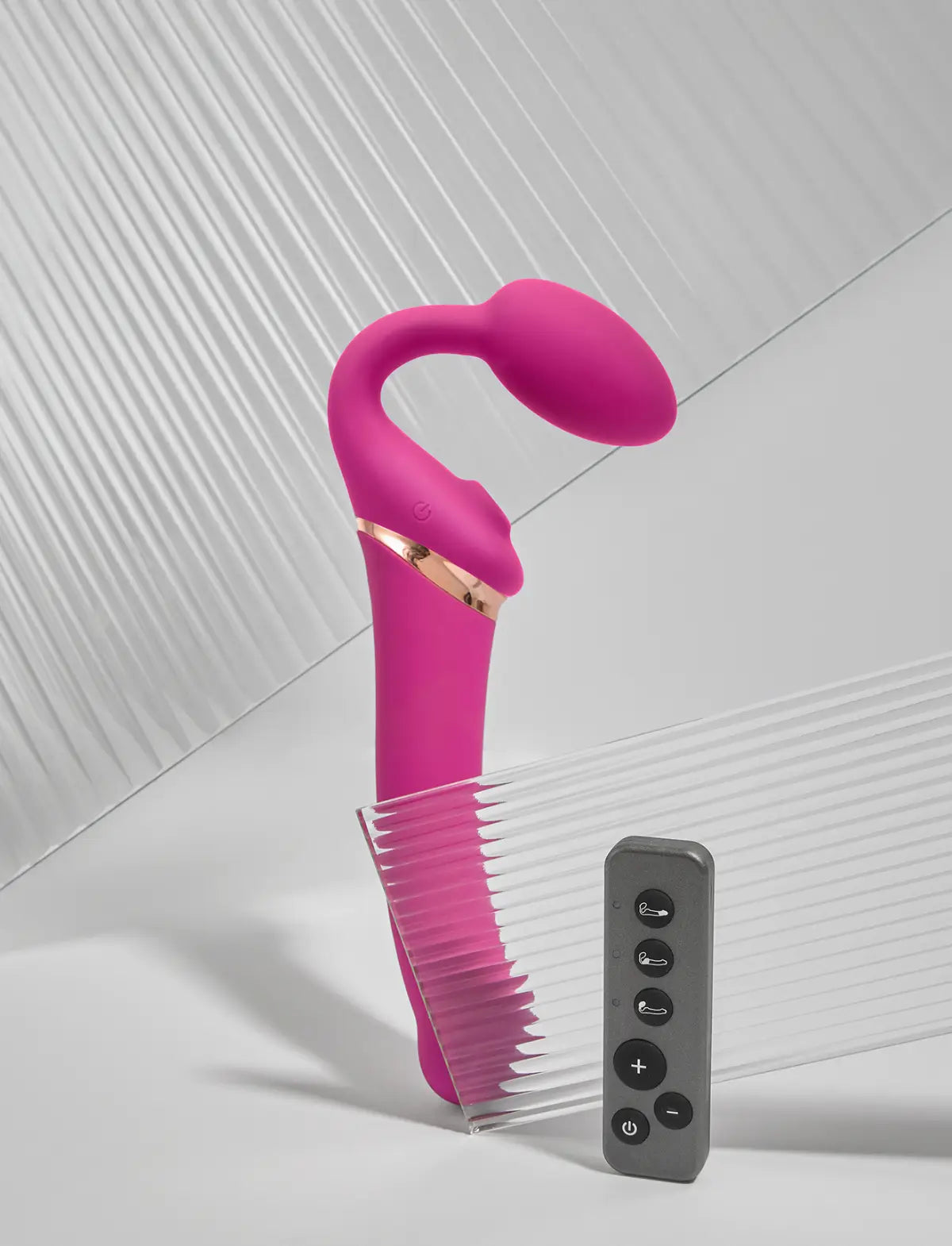 Multi-orgasm vibrating strap-on with remote control, 3 motors, rechargeable remote, pink design, Strap-On-Me collection.