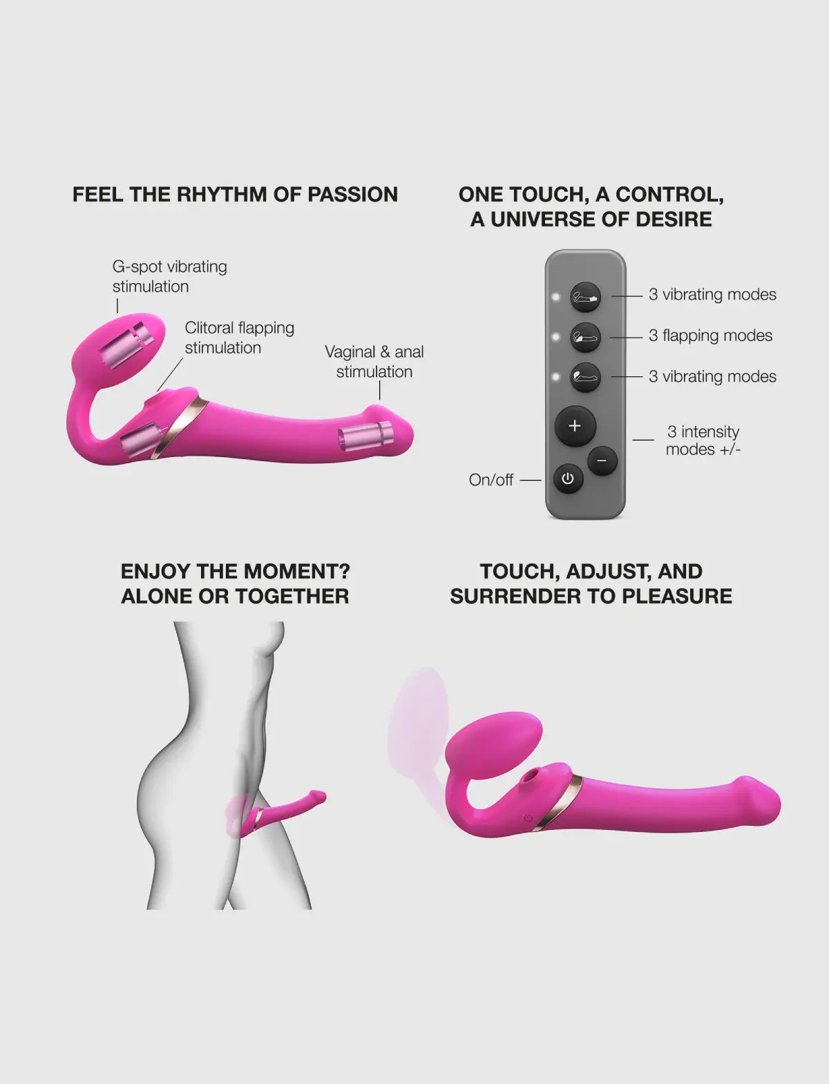Multi-orgasm vibrating strap-on with remote control, 3 motors, rechargeable remote, pink design, Strap-On-Me collection.