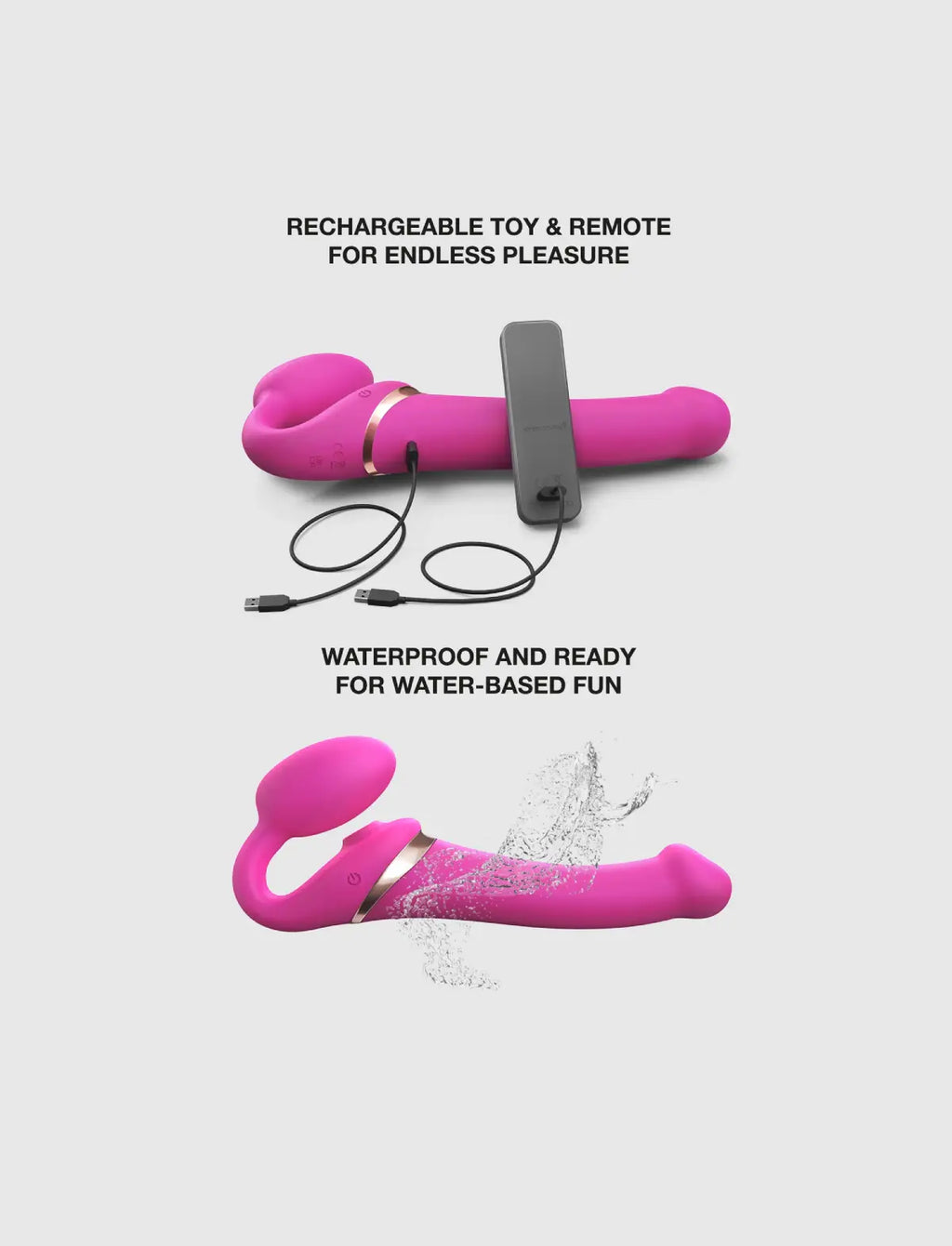 Multi-orgasm vibrating strap-on with remote control, 3 motors, rechargeable remote, pink design, Strap-On-Me collection.
