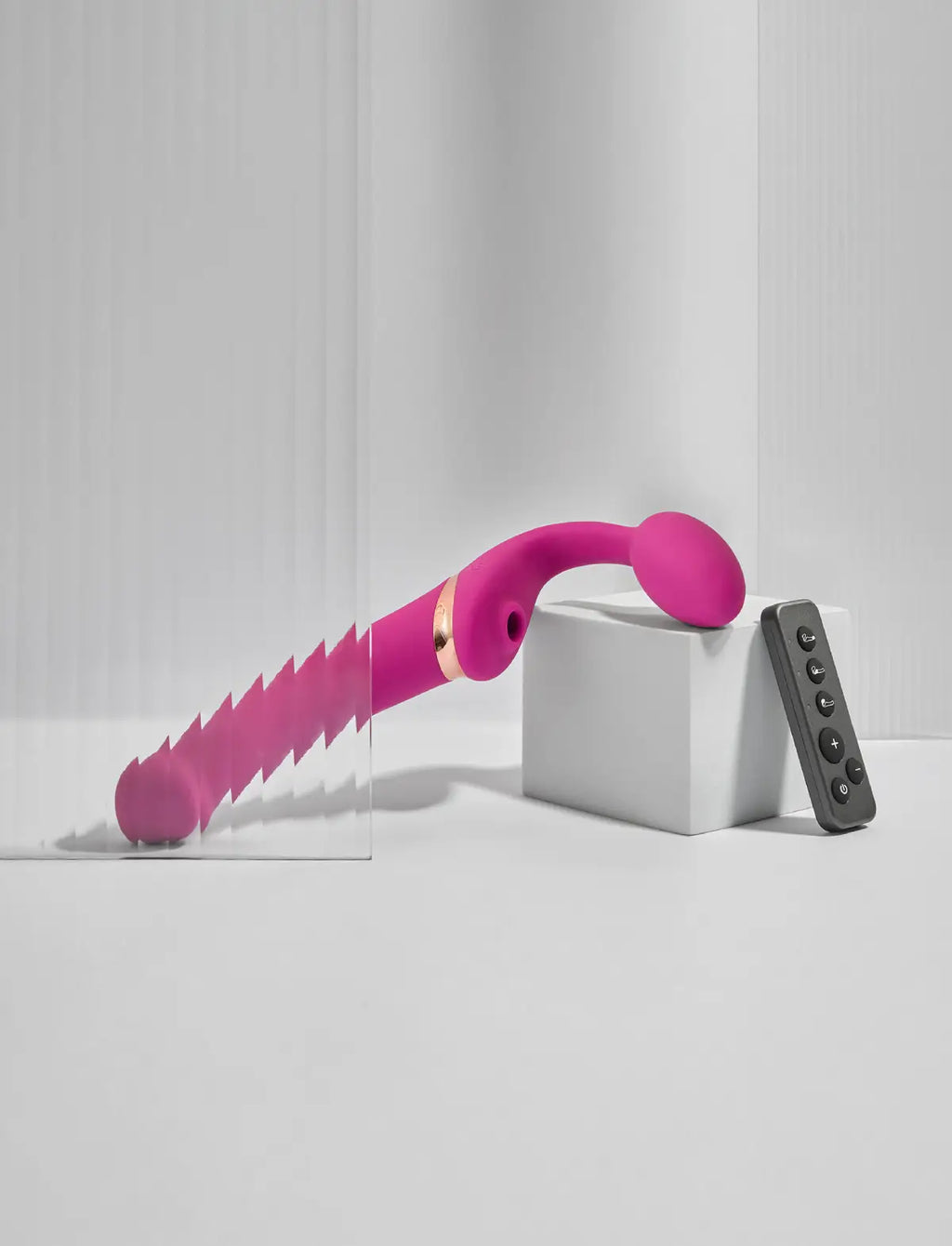 Multi-orgasm vibrating strap-on with remote control, 3 motors, rechargeable remote, pink design, Strap-On-Me collection.