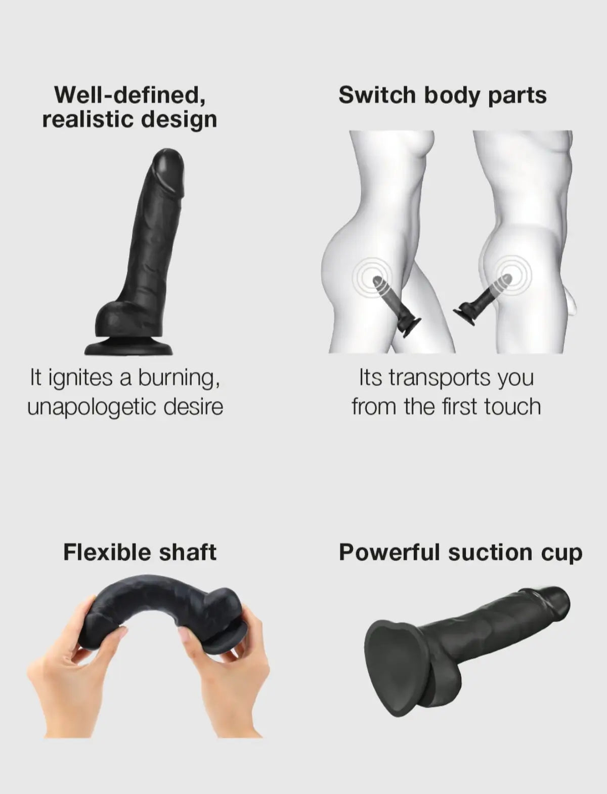Realistic dildo Strap-on-Me black version with lifelike texture and natural skin-tone finish for a realistic feel