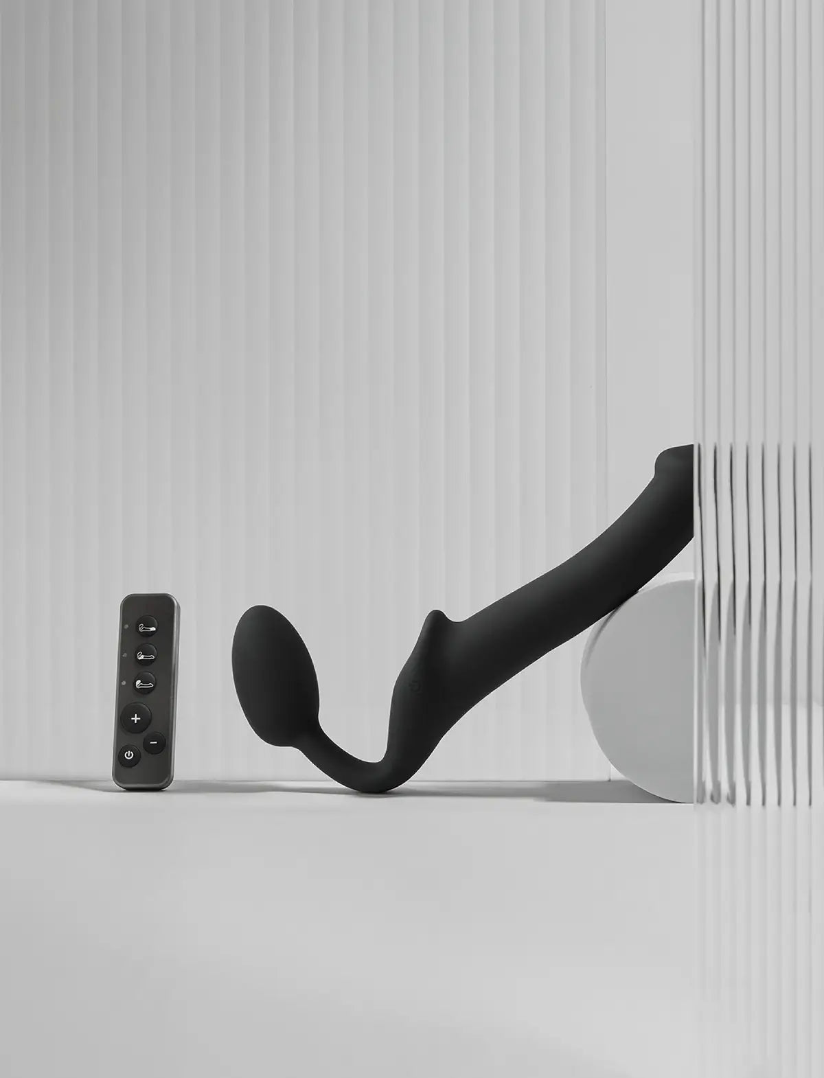 Vibrating strap-on with remote control, 3 motors, rechargeable remote, black design, Strap-On-Me collection.