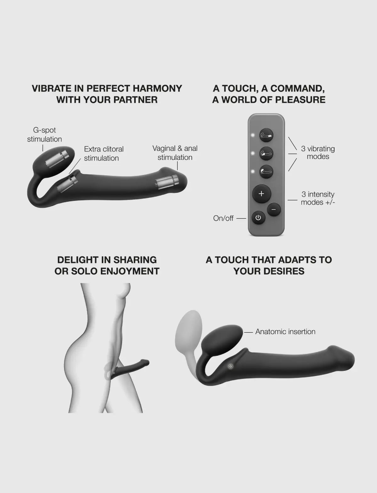 Vibrating strap-on with remote control, 3 motors, rechargeable remote, black design, Strap-On-Me collection.