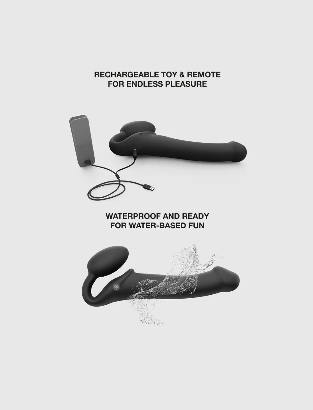 Vibrating strap-on with remote control, 3 motors, rechargeable remote, black design, Strap-On-Me collection.