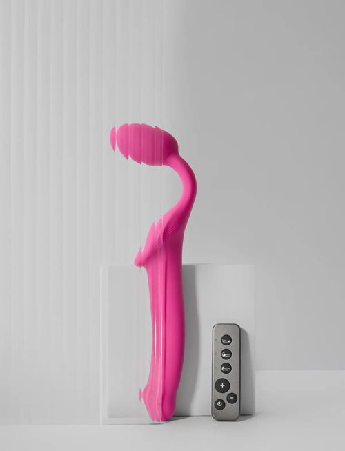 Vibrating strap-on with remote control, 3 motors, rechargeable remote, fuchsia design, Strap-On-Me collection.