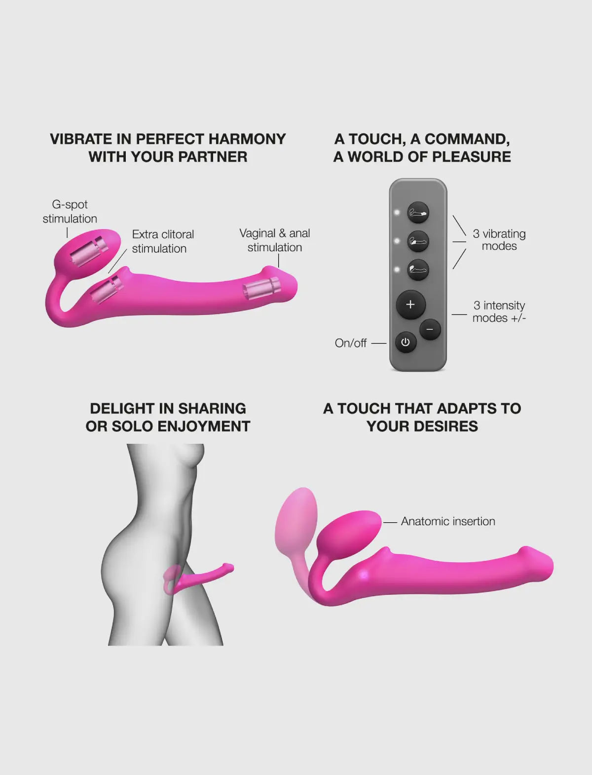 Vibrating strap-on with remote control, 3 motors, rechargeable remote, fuchsia design, Strap-On-Me collection.