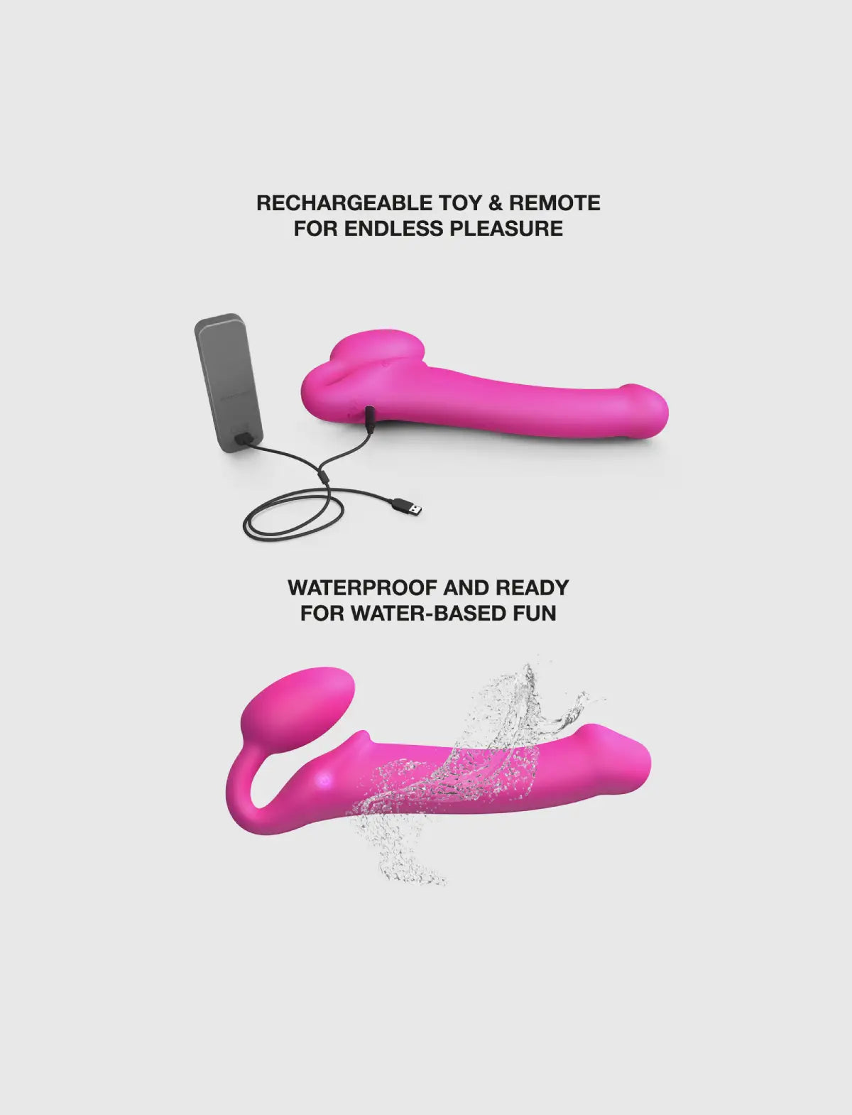 Vibrating strap-on with remote control, 3 motors, rechargeable remote, fuchsia design, Strap-On-Me collection.
