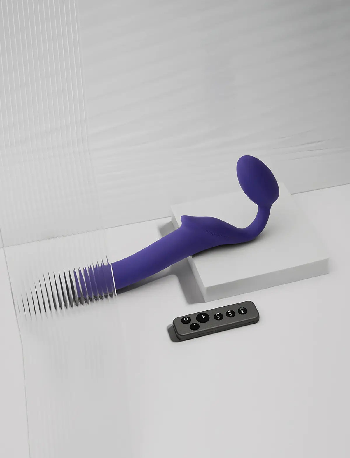 Vibrating strap-on with remote control, 3 motors, rechargeable remote, violet design, Strap-On-Me collection.