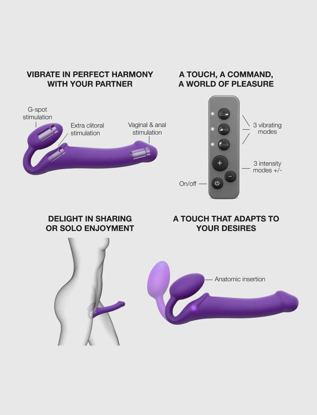 Vibrating strap-on with remote control, 3 motors, rechargeable remote, violet design, Strap-On-Me collection.
