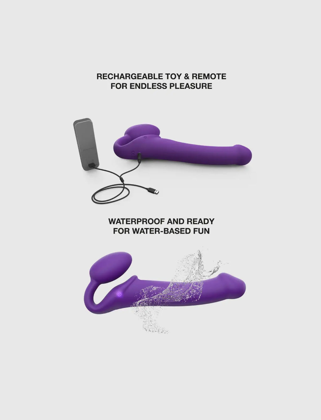 Vibrating strap-on with remote control, 3 motors, rechargeable remote, violet design, Strap-On-Me collection.