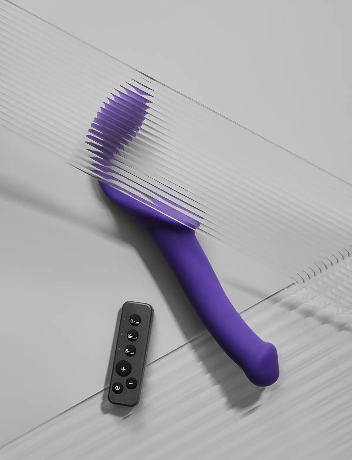 Vibrating strap-on with remote control, 3 motors, rechargeable remote, violet design, Strap-On-Me collection.